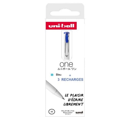 Roller encre gel uni ball one 0.7mm + 3 recharges bleu