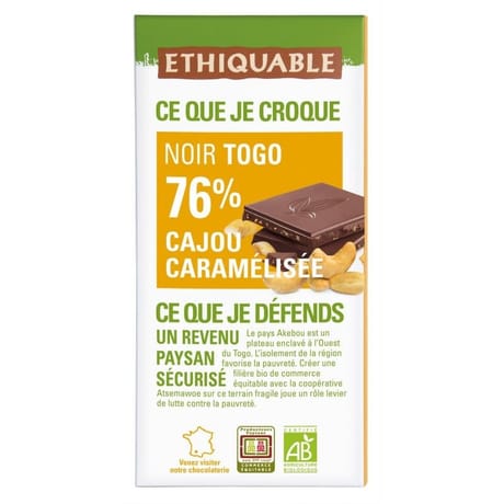 Ethiquable chocolat noir 76% togo cajou caramélisée bio 100g