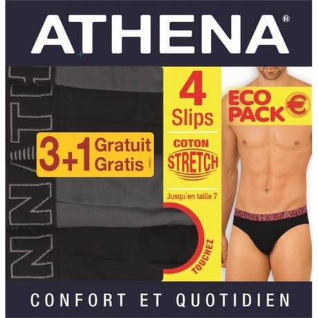 Lot de 4 slips basic colors homme Athena 2400 NOIR/ GRIS / NOIR / GRIS T5