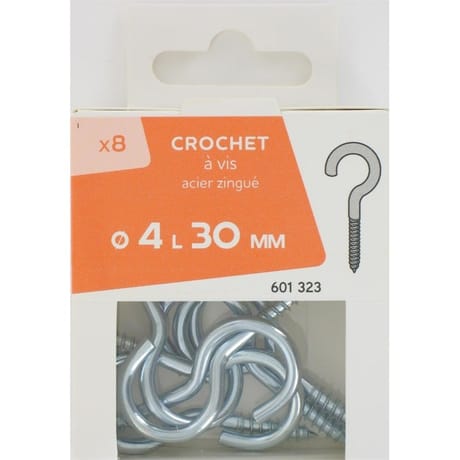 8 crochet à vis acier zingué 4x30mm