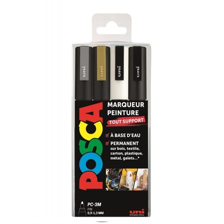Posca 4 marqueurs pointe fine or argent blanc noir