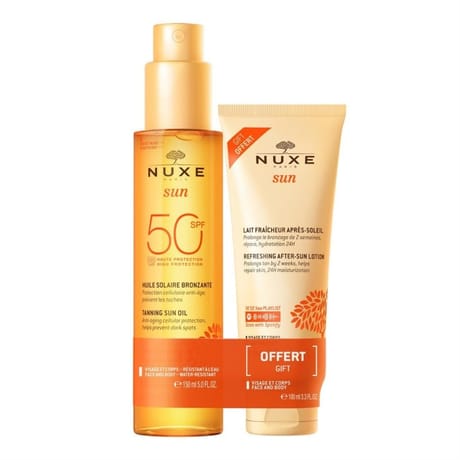 Nuxe duo huile solaire bronzante haute protect.spf50 150ml et lait fraicheur ap-soleil 100ml offert