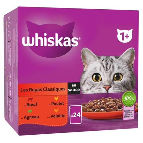 Whiskas pâtée pour chat sachets fraîcheur repas classiques en sauce 24x85g