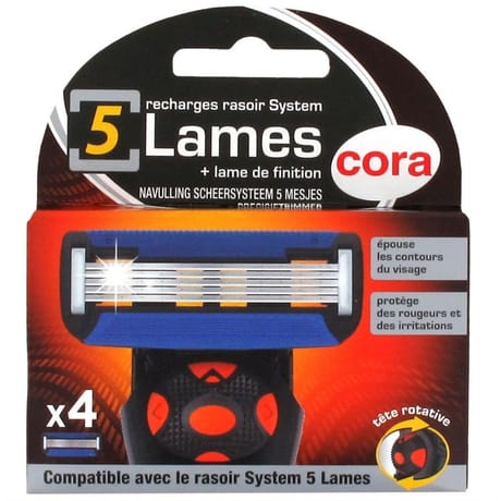 Cora recharges rasoir systelme 5 lames homme x4