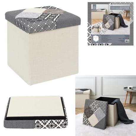 Coffre pouf pliable patchwork gris