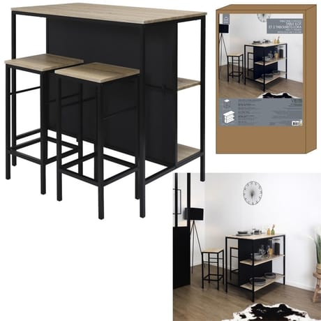 Table ilot étagères et 2 tabourets loka