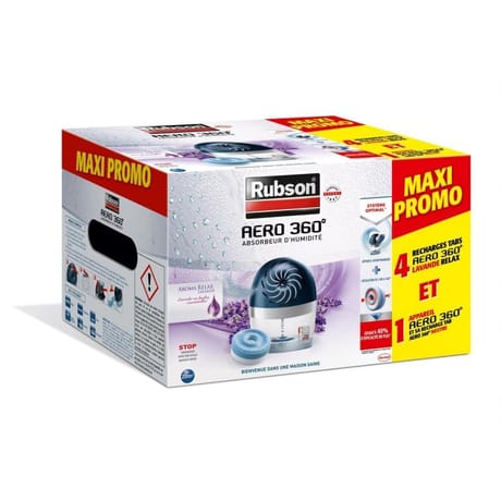 RUBSON MAXI PROMO 4 recharges tabs AERO 360° LAVANDE RELAX et 1 appareil 20m  AERO 360° et sa rechar