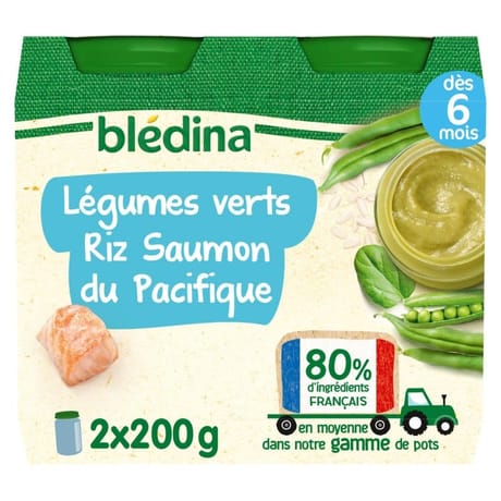 Bledina pots de légumes verts riz saumon du pacifique 2x200g