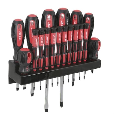 Rack de 18 tournevis bimatière avec support mural