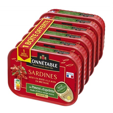 Connétable 1/5 sardines à l'huile d'olive et au piment d'Espelette 135g lot 5 + 1 boîte
