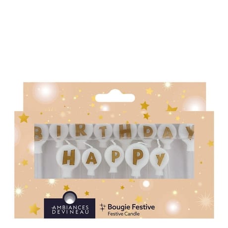 Bougies ballons sur pic "Happy Birthday" Or