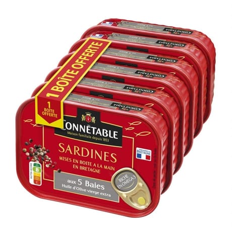 Connetable lot 5 1/5 sardines à l'huile d'olive vierge extra aux 5 baies 135 g + 1