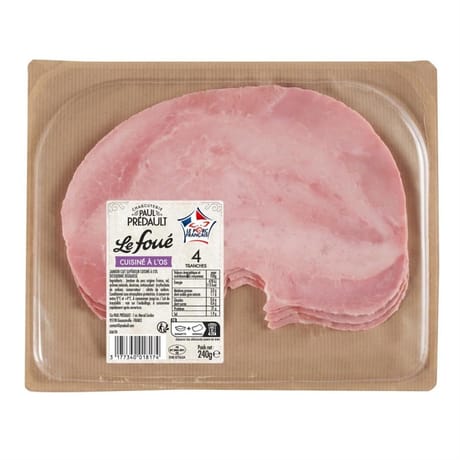 Jambon cuit supérieur à l'os découenné dégraissé 4 tranches 240g