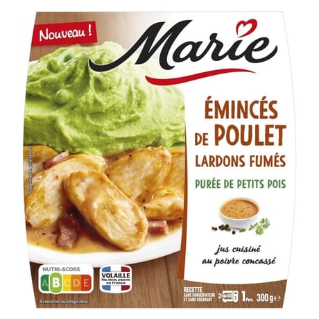 Marie émincés de poulet, lardons fumés, purée de petits pois 300g