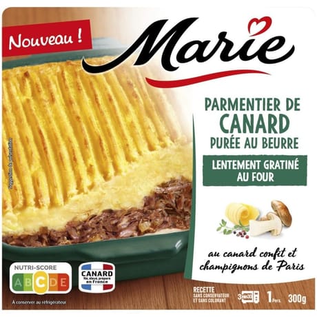 Marie parmentier de confit de canard, purée au beurre au canard confit et champignons 300g