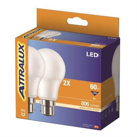 Attralux led standard 60w b22 depolie blanc chaud boite de 2 186g