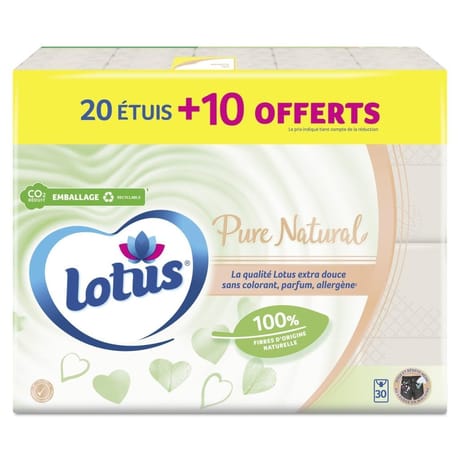 Lotus pure natural 30 étuis mouchoirs (20+10 offerts) blanc fsc