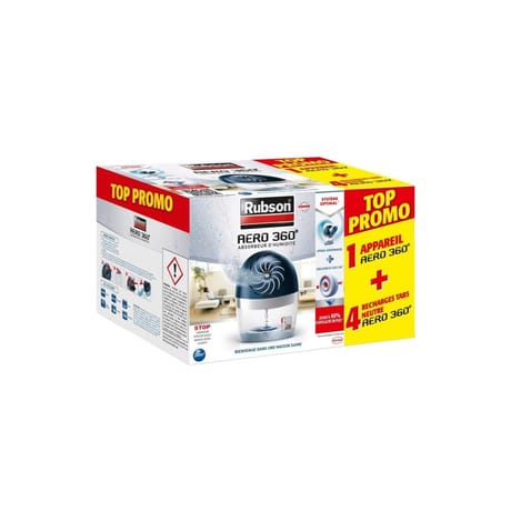 Rubson absorbeur d'humidité appareil aero 360° + 4 recharges tabs neutres - top promo