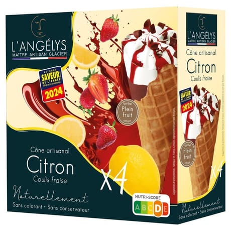 L'angelys cône artisanal sorbet plein fruit citron coulis fraise x4 300g