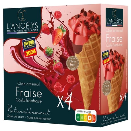 L'angelys cône artisanal sorbet plein fruit fraise coulis framboise x4 300g