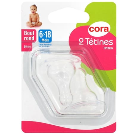 2 tétines bout rond 6-18mois silicone bouillie Cora