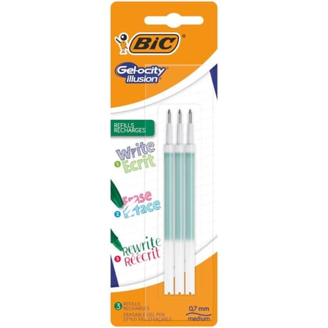 BIC Gel-ocity Illusion Recharges Stylo Gel Effaçable Pointe Moyenne (0,7 mm) - Vert, Blister de 3