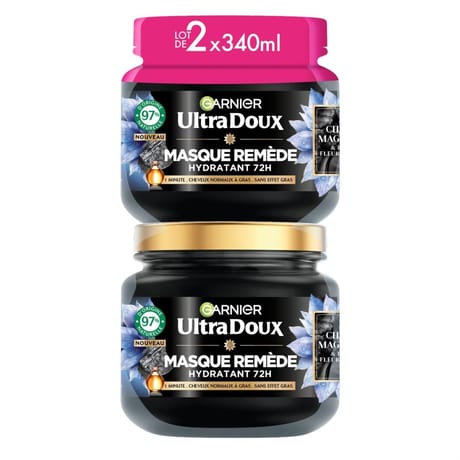 Ultra doux masque remède hydratant 72h charbon magnétique lot 2x 340ml