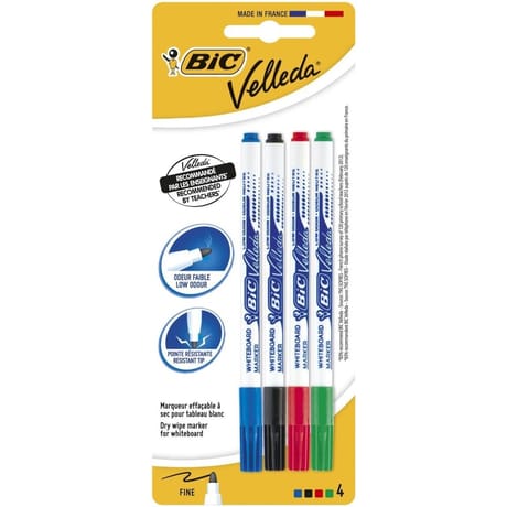 Bic feutres velleda blister de 4 pointe fine odeur neutre noir bleu rouge vert