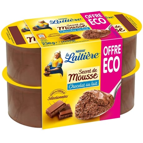 La Laitière Secret de mousse chocolat au lait 4x59g offre éco