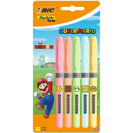 BIC Super Mario  Highlighter Grip Decor Surligneurs Pastel Pointe Biseautée - Couleurs Assorties, Bl