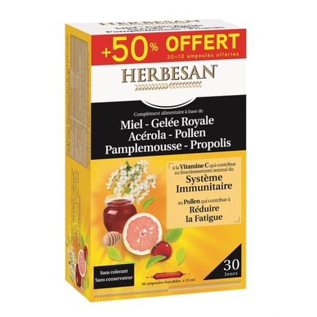 Herbesan miel gelée royale acérola pollen pamplemousse propolis ampoules x30