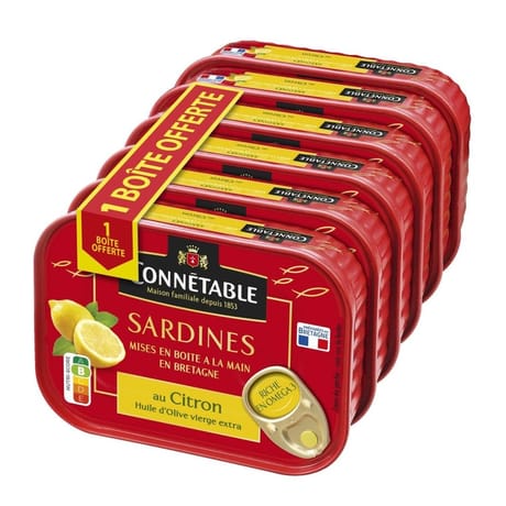 Connétable 1/5 sardines à l'huile d'olive vierge extra et au citron 135g lot 5+1