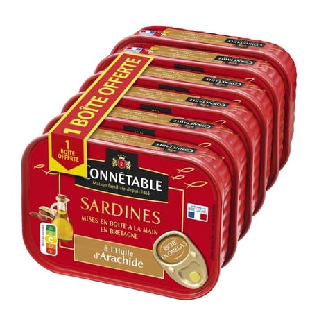 Connétable 1/5 sardines à l'huile d'arachide 135g  lot 5 + 1 boite offerte