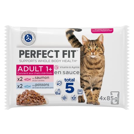 Perfect fit pâtée pour chat adulte stérilisé aux poissons en sauce 4x85g