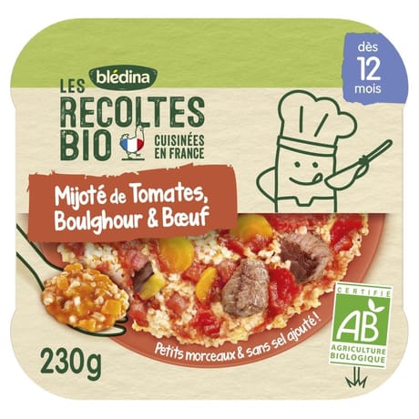 Bledina les récoltes bio mijoté de tomates boulghour boeuf dès 12 mois 230g