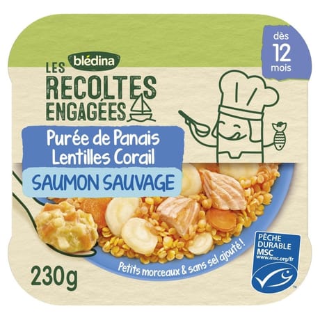 Bledina bio les récoltes engagées petit plats puree de panais, lentilles, saumon des 12 mois 230g