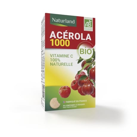 Naturland acerola 1000 vitamine c 100% naturelle bio comprimés à croquer x30