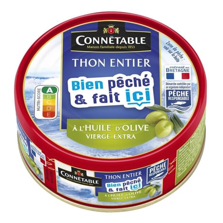 Connetable thon entier à l'huile d'olive vierge extra pêche responsable bien pêché et fait ici