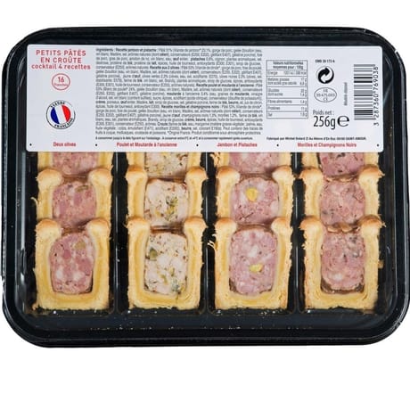 Plateau de petit pâté en croute cocktail 4 recettes 16 tranches 256g frais emballé