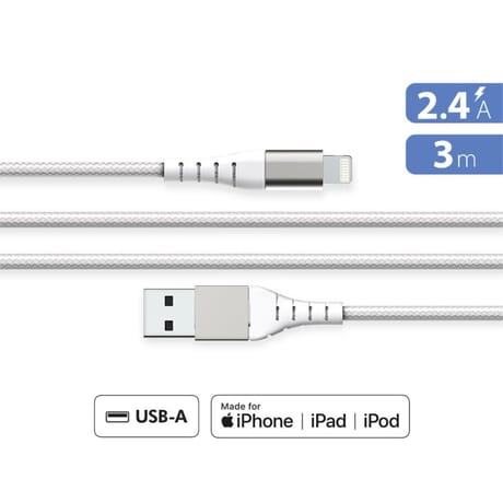 Bigben connected câble renforce usb a/lightning 3m 2.4a garanti a vie blanc - 100% plas FPLIAMFI3MRW