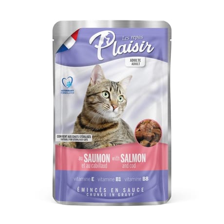 Les repas plaisir eminces pour chat adulte sterelise saumon & cabillaud en sauce