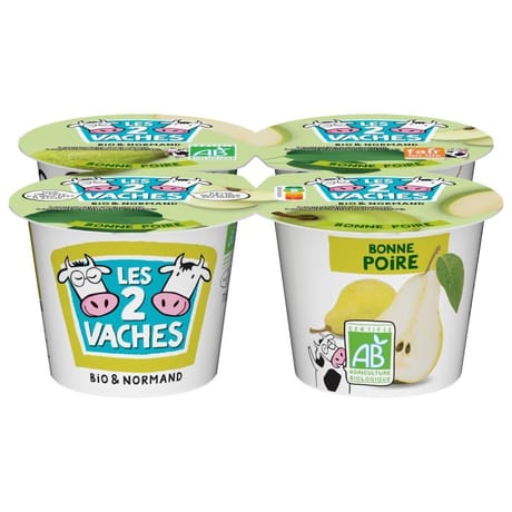 Les 2 Vaches yaourt bio brassé poire 4x115g