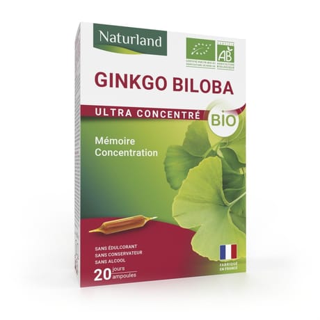Naturland mémoire concentration ginkgo biloba bio 20 ampoules 10ml