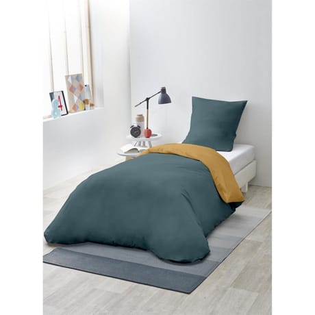 Parure housse de couette microfibre lavée 140x200cm1 taies 63x63cm bleu/moutarde