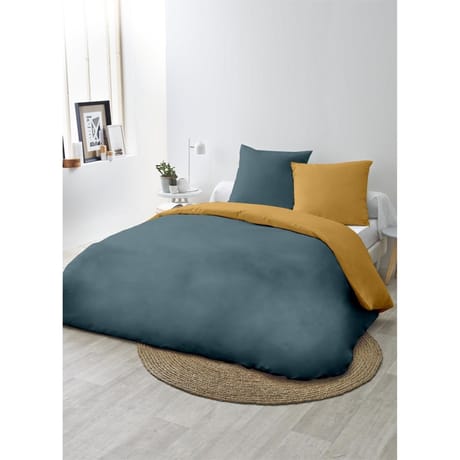 Parure housse de couette microfibre lavée 260x240cm2 taies 63x63cm bleu/moutarde