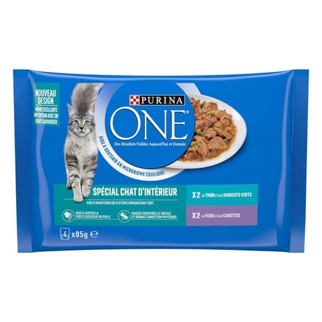Purina one chat d'Intérieur sachets fraîcheur pour chats adultes au thon et au veau - 4 x 85 g