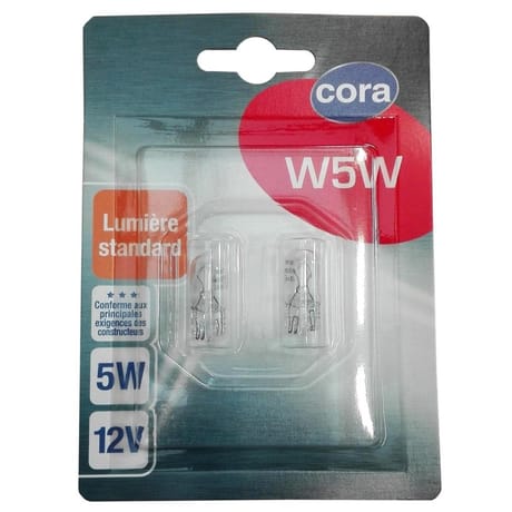 Cora blister 2 lampes W5W culot W2, 1x9,5d 5W 12V