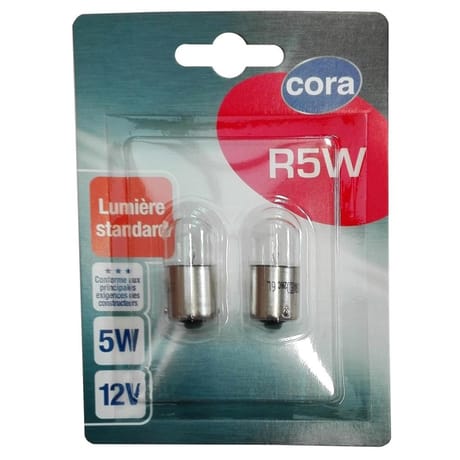 Cora blister 2 ampoules voiture R5W culot BA15s 5W 12V
