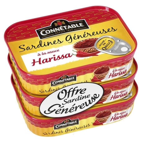 Connetable lot de 3x1/5 sardines genereuses a la sauce harissa 140g