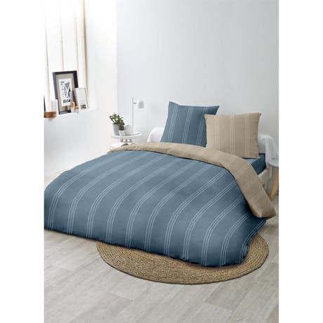 Parure housse de couette microfibre frappée 240x220cm+2 taies 63x63cm rayures marine